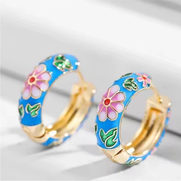 Colorful Festival Floral Blue and Gold Hoop Earrings - Picture 6 of 12